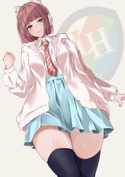 1girl absurdres animal_ear_headphones animal_ears black_thighhighs blue_skirt blunt_bangs blunt_ends brown_hair carskey1120 cat_ear_headphones cat_ears clenched_hand closed_mouth collared_shirt commentary cowboy_shot diagonal-striped_clothes diagonal-striped_necktie dress_shirt fake_animal_ears hashtag-only_commentary headphones highres hood hooded_jacket ikizulive!_love_live!_bluebird jacket long_sleeves looking_at_viewer love_live! miniskirt necktie open_clothes open_jacket orange_necktie pink_jacket pleated_skirt purple_eyes sasaki_shion shirt short_hair skirt smile solo split_mouth striped_clothes thighhighs white_shirt zettai_ryouiki