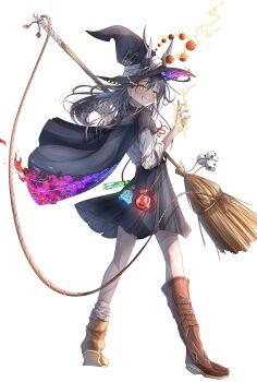 1girl absurdres aoki_ruri blush boots broom brown_boots cape commentary_request dragon_horns happy hat highres horns kagura_(05410zura) long_sleeves looking_at_viewer ruridragon shirt simple_background skirt smile solo standing white_background white_shirt witch witch_hat