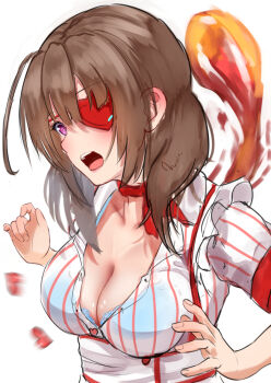 Rule 34 | 1girl, blue bra, blunt bangs, bob cut, bra, bra peek, breasts, brown hair, bursting breasts, buttons, cleavage, collarbone, collared shirt, commentary request, downturned eyes, eyepatch, flying button, hair between eyes, hands up, heart, heart button, heart eyepatch, heaven burns red, highres, hiiragi kozue, hiiragi kozue (hop step slip!), hitodama, lips, looking at object, looking down, medium breasts, medium hair, motion blur, noir (nowaru), nose, official alternate costume, one eye covered, open mouth, partially unbuttoned, popped button, purple eyes, shirt, short sleeves, signature, simple background, sketch, solo, striped clothes, striped shirt, teeth, underwear, upper body, upper teeth only, vertical-striped clothes, vertical-striped shirt, white background, white shirt