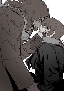 Rule 34 | 2boys, bags under eyes, beard stubble, black coat, black eyes, blood, blood on face, blood splatter, brown coat, brown gloves, brown hair, clenched teeth, coat, evil smile, eye contact, face-to-face, facial hair, facing another, fangs, formal clothes, from side, gloves, grabbing another's chin, greyscale, grin, hair between eyes, hair over one eye, half-closed eyes, hand on another's cheek, hand on another's chin, hand on another's face, hand up, heads together, heathcliff (project moon), height difference, high collar, highres, holding, holding another's arm, holding another's wrist, imminent kiss, injury, jacket, lapels, limbus company, long coat, long hair, long sleeves, looking at another, looking down, looking up, male focus, monochrome, multiple boys, necktie, official alternate costume, okazu1324343, open clothes, open coat, open mouth, parted lips, photoshop (medium), ponytail, popped collar, profile, project moon, scar, scar on face, scar on nose, scarf, sharp teeth, shirt, sidelocks, simple background, smile, smirk, stubble, suit, teeth, trench coat, upper body, white background, white scarf, white shirt, wuthering heights (identity) (project moon), yaoi