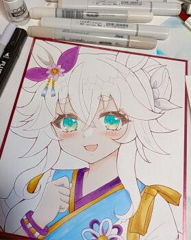 1girl :d animal_ears art_tools_in_frame blush bow breasts commentary_request ear_ribbon green_eyes hair_bun hair_ribbon hand_up highres horse_ears japanese_clothes kimono looking_at_viewer medium_breasts open_mouth photo_(medium) purple_ribbon ribbon shikishi short_eyebrows smile solo tasuki terimuku thick_eyebrows traditional_media umamusume upper_body white_hair white_kimono white_ribbon wonder_acute_(soft_light_-_hot_spring_scented_outfit)_(umamusume) wonder_acute_(umamusume)