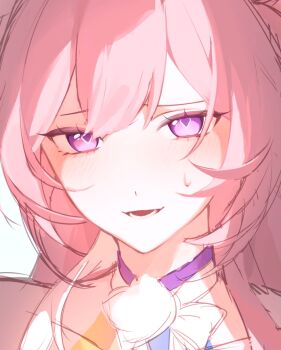 1girl close-up commentary_request cyrene_(honkai:_star_rail) cyrene_(ripples_of_past_reverie)_(honkai:_star_rail) diamond-shaped_pupils diamond_(shape) highres honkai:_star_rail honkai_(series) long_hair lower_teeth_only nei00nei open_mouth pink_hair purple_eyes solo sweat sweatdrop symbol-shaped_pupils teeth upper_body white_background