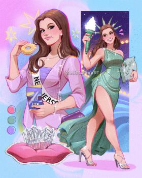 Rule 34 | 1girl, aqua dress, brown eyes, brown hair, commentary, cosplay, crown, cushion, donut, dress, english commentary, food, gracie hart, high heels, highres, holding, holding donut, holding food, jacket, long hair, looking at viewer, luztapiaart, miss congeniality, multiple views, pink jacket, sleeveless, sleeveless dress