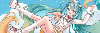 1girl aqua_eyes aqua_hair bag belt beret blonde_hair blush commission cropped_jacket diamond_hair_ornament earrings flag gradient_hair hair_between_eyes hair_ornament hat hatsune_miku holding holding_flag jacket jewelry long_hair looking_at_viewer maarin_(59567861) magical_mirai_(vocaloid) magical_mirai_miku magical_mirai_miku_(2024) multicolored_hair official_alternate_costume official_alternate_hairstyle open_mouth pixiv_commission pleated_skirt shorts shorts_under_skirt shoulder_bag single_earring skirt solo twintails very_long_hair vocaloid white_belt white_hat white_jacket white_shorts yellow_skirt