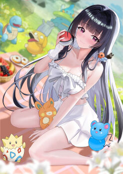 Rule 34 | 1girl, absurdres, animal, animal on shoulder, apple, arm support, azurill, banana, bare arms, bare legs, bare shoulders, barefoot, basket, between legs, bird, bird on shoulder, biting, black hair, blue sky, blunt bangs, blurry, blurry background, blush, breasts, changgong8745, character request, check character, cleavage, closed mouth, collarbone, colored inner hair, commentary request, creature on head, crop top, day, depth of field, donut, dutch angle, fletchling, floral print, flower, food, fruit, fruit basket, gen 1 pokemon, gen 2 pokemon, gen 3 pokemon, gen 6 pokemon, grapes, grass, hair intakes, hand between legs, hand up, head biting, highres, holding, holding food, holding fruit, holding poke ball, large breasts, lily (flower), long hair, lotad, mudkip, multicolored hair, nintendo, original, outdoors, pawmi, picnic, picnic blanket, plate, poke ball, pokemon, pokemon (creature), psyduck, purple eyes, shellder, sidelocks, sitting, skirt, sky, sleeveless, smile, squirtle, strawberry, thighs, togepi, very long hair, wariza, watermelon, watermelon slice, white hair, white skirt