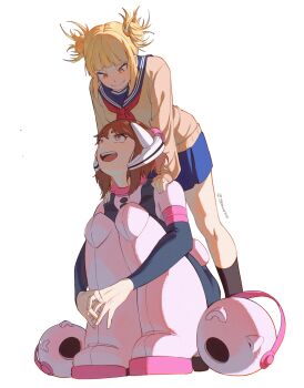 2girls artist_name black_bodysuit black_socks blonde_hair blunt_bangs bodysuit boku_no_hero_academia boots brown_eyes brown_hair closed_mouth commentary double_bun english_commentary feikefen hair_bun hands_on_another's_shoulders headgear highres jeooongie light_blush looking_at_another messy_hair multicolored_bodysuit multiple_girls neckerchief pink_bodysuit pink_boots pleated_skirt red_neckerchief school_uniform sidelocks sitting skirt smile socks squatting superhero_costume sweater toga_himiko uraraka_ochako white_background yellow_eyes yellow_sweater