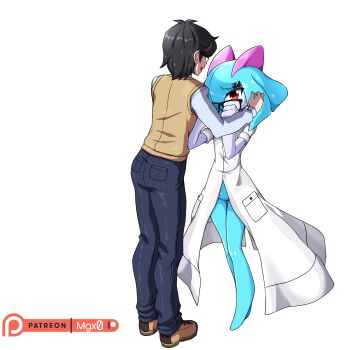 1boy 1girl absurdres alternate_color black_hair blue_hair blue_skin colored_skin commission dr._voir_(nanosheep) gen_3_pokemon glasses highres horns kirlia lab_coat mgx0 multicolored_skin nanosheep_(character) nintendo no_feet orange_eyes pokemon pokemon_(creature) shiny_pokemon sidelocks simple_background two-tone_skin white_background white_skin