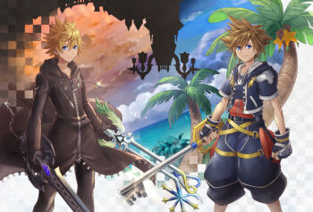 Rule 34 | 01-19, 2boys, baggy pants, bell, belt, belt buckle, black belt, black coat, black coat (kingdom hearts), black gloves, black pants, blonde hair, blue eyes, blue jacket, blue shirt, blue sky, border, brown hair, buckle, bush, chain, chain necklace, clenched hand, clock, clock tower, closed mouth, cloud, coat, commentary request, crown (symbol), crown necklace, day, double-parted bangs, dual wielding, evening, expressionless, fading border, feet out of frame, fingerless gloves, fingernails, floating clothes, glint, gloves, hair between eyes, heart, highres, holding, holding weapon, hood, hood down, hooded coat, hooded jacket, horizon, in-universe location, jacket, jewelry, keyblade, kingdom hearts, kingdom hearts ii, kingdom key, long sleeves, looking at viewer, male focus, multiple boys, necklace, oathkeeper, oblivion (keyblade), ocean, open clothes, open jacket, orange sky, outside border, palm tree, pants, paopu fruit, pointy hair, roxas, shirt, shirt tucked in, short hair, short sleeves, silhouette, sky, smile, sora (kingdom hearts), spiked hair, standing, tassel, tower, tree, water, weapon, white border, yellow belt, zipper, zipper pull tab