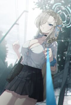 Rule 34 | 1girl, :t, armor, asuna (blue archive), bag, black skirt, blue archive, blue nails, breastplate, breasts, buttons, cable, choker, cleavage, cleavage cutout, clenched hand, closed mouth, clothing cutout, collar, commentary request, cowboy shot, day, dress, fence, fingernails, frown, grey hair, hair tie, highres, hosun, leash, legs, long hair, looking at viewer, mandarin collar, mole, nail polish, occluder, one eye covered, outdoors, pout, pov, rope, sailor dress, school uniform, scrunchie, shadow, shirt, shoulder bag, skirt, sky, solo, sunlight, tree, utility pole, very long hair, viewer on leash, white shirt, wrist scrunchie, wristband