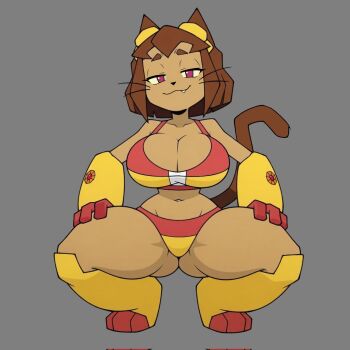 1girl :3 alternate_costume animal_ears bikini breasts brown_hair cat_ears cat_girl cat_tail cleavage closed_mouth collarbone commentary curvy dark-skinned_female dark_skin english_commentary fang full_body furry furry_female gameoverse goggles goggles_on_head grey_background groin half-closed_eyes highres huge_breasts joytune1 kit_bodega multicolored_bikini navel official_alternate_costume red_bikini red_eyes short_eyebrows short_hair simple_background solo squatting swimsuit tail two-tone_bikini whiskers wide_hips yellow_bikini yellow_gauntlets