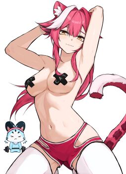 1girl absurdres animal_ears armpits arms_up blush bracelet breasts chattino_(raora_panthera) closed_mouth clothing_cutout collarbone commentary cross cross_pasties english_commentary hair_intakes highres hip_vent hololive hololive_english jewelry kneeling long_hair looking_at_viewer multicolored_hair navel panther_ears panther_girl panther_tail pasties pink_hair pink_lips pink_shorts pink_tail raora_panthera shorts simple_background smile stomach streaked_hair sweat tail thighhighs thighs topless_female ttsyrene two-tone_hair virtual_youtuber white_background white_hair white_thighhighs yellow_eyes
