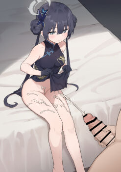 1boy 1girl absurdres bar_censor bare_shoulders black_gloves black_hair blue_archive breasts butterfly_hair_ornament censored china_dress chinese_clothes closed_mouth clothes_lift collarbone cum cum_on_body cum_on_crotch cum_on_legs cum_on_lower_body double_bun dress dress_lift ears ejaculation gloves grey_eyes groin hair_between_eyes hair_bun hair_ornament halo hetero highres indoors kisaki_(blue_archive) knees large_penis legs_together lifting_own_clothes long_hair looking_at_penis looking_down low_twintails male_masturbation manglifer masturbation no_panties nose on_bed penis sitting small_breasts thighs twintails very_long_hair