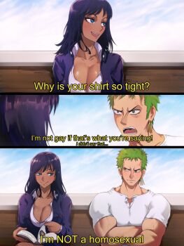 1girl angry blush book breasts character_request cleavage closed_mouth green_eyes green_hair highres holding holding_book large_earrings meme nico_robin one_piece opalis open_mouth patreon_username reading roronoa_zoro sideburns smile tag tagme teeth tongue upper_teeth_only when_you_see_it
