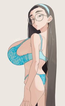1girl alternate_hairstyle aqua_bra artist_name ass black_eyes black_hair blue_hairband blue_panties bra breasts brown-framed_eyewear cowboy_shot ear_piercing earrings flat_ass glass_girl_(niwatori5948) glasses hair_down hairband highres hip_bones huge_breasts jewelry lace lace_bra lace_panties large_breasts loli long_hair looking_at_viewer mole mole_under_mouth niwatori5948 oppai_loli original panties piercing round_eyewear side_profile signature skinny solo straight_hair thong underwear very_long_hair