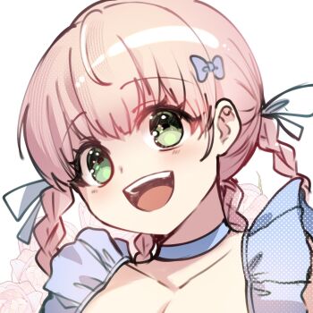 1girl :d blue_bow blue_choker bow braid breasts choker cleavage collarbone commentary english_commentary green_eyes hair_bow highres looking_at_viewer medium_hair multiple_braids open_mouth original pink_hair portrait ryuuxin simple_background smile solo white_background