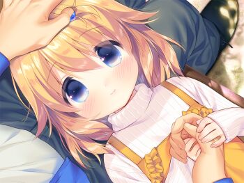 1boy 1girl apron black_shoes blonde_hair blue_eyes blue_pants blush chishima_mako closed_mouth game_cg hair_between_eyes hand_on_another&#039;s_head long_sleeves looking_at_viewer medium_hair non-web_source pants piyodera_mucha ribbed_sweater shoes sleeves_past_wrists smile solo_focus soushisouai_lolita_no_seikatsu sweater variant_set white_sweater yellow_apron