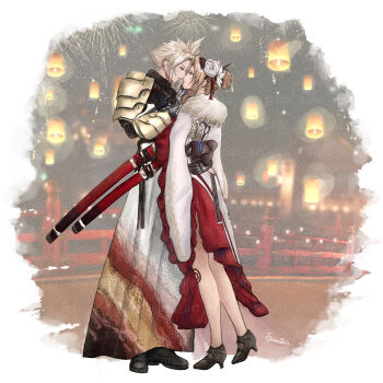 1boy 1girl absurdres aerith_gainsborough aerith_gainsborough_(festive_crimson_attire) arm_around_waist armor black_boots blonde_hair boots bridge brown_boots brown_hair cloud_strife cloud_strife_(new_year's_battle_garb) commentary couple english_commentary final_fantasy final_fantasy_vii final_fantasy_vii:_ever_crisis flower frilled_kimono frills full_body fur-trimmed_kimono fur_trim furisode hair_flower hair_ornament hetero high_heel_boots high_heels highres japanese_armor japanese_clothes kimono lantern lantern_festival life_soso_art long_hair multiple_swords official_alternate_costume official_alternate_hairstyle red_trim short_hair shoulder_armor side_slit sidelocks sky_lantern snake_print spiked_hair updo white_flower white_kimono