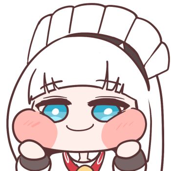 Rule 34 | 1girl, blue eyes, blush stickers, cheek squash, chef, chibi, diyap (style), dress, elflorri, last origin, long hair, looking at viewer, maid headdress, simple background, smile, sowan (last origin), white dress, white hair