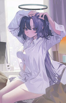 Rule 34 | 1girl, absurdres, arms up, black halo, blue archive, blush, breasts, closed mouth, collared shirt, commentary request, hair between eyes, halo, highres, lan001, large breasts, long hair, looking at viewer, no pants, one side up, purple eyes, purple hair, shirt, sitting, solo, tying hair, white shirt, yuuka (blue archive)