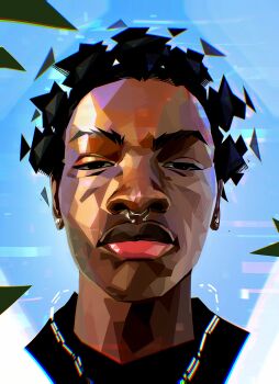 1boy black_eyes black_hair black_shirt black_skin blue_background colored_skin commentary ear_piercing easterhands english_commentary face_piercing highres looking_at_viewer nose_piercing nose_ring piercing real_life realistic shirt