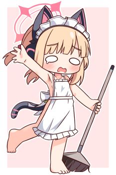 1girl absurdres animal_ear_headphones animal_ears apron arm_up armpits barefoot blonde_hair blue_archive blush border broom cat_ear_headphones cat_ears collarbone commentary_request fake_animal_ears frilled_apron frills full_body halo hana_kazari headphones highres holding holding_broom looking_at_viewer maid_headdress mechanical_tail momoi_(blue_archive) momoi_(maid)_(blue_archive) naked_apron o_o open_mouth outline outside_border outstretched_arm pink_background pink_halo short_hair simple_background solo standing standing_on_one_leg tail teardrop white_apron white_border white_outline