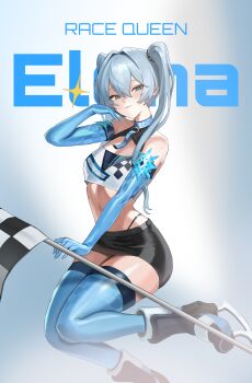 1girl absurdres bare_shoulders black_skirt black_survival blue_choker blue_eyes blue_gloves blue_hair blue_thighhighs choker crop_top elbow_gloves elena_jarvinen eternal_return:_black_survival flag gloves highleg highres holding holding_flag ice_skates long_hair looking_at_viewer midriff miniskirt panty_straps pencil_skirt pyogo race_queen shirt skates skirt sleeveless sleeveless_shirt solo thighhighs twintails white_shirt zettai_ryouiki