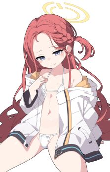 1girl bikini blue_archive braid commentary_request flat_chest forehead grey_eyes groin halo highres jacket loli long_hair micro_bikini mikokomiyazawa red_hair simple_background solo string_bikini swimsuit white_background white_bikini yellow_halo yuzu_(blue_archive)