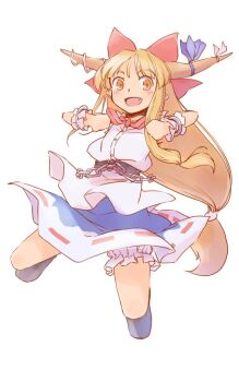 1girl :d bloomers blue_ribbon blue_skirt blush bow chain clenched_hands commentary_request cuffs fang frilled_cuffs full_body hair_bow hands_up horn_ornament horn_ribbon horns ibuki_suika long_hair metal_belt one-hour_drawing_challenge open_mouth orange_eyes orange_hair rangycrow red_bow ribbon shirt skirt sleeveless sleeveless_shirt smile solo thighs touhou underwear white_bloomers white_shirt