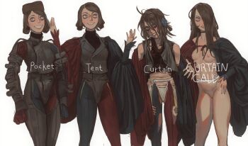 1girl battlefield_of_the_dead_roses blue_eyes blue_pants breasts curtain_call_challenge_(meme) flower hair_down hair_flower hair_ornament hair_over_one_eye highres long_hair looking_at_viewer makeup meme mossacannibalis multicolored_pants multiple_views navel nipples panties pants red_pants runny_makeup simple_background small_breasts smile underwear white_background white_panties