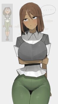... 1girl arm_under_breasts armlet azz0422 blush breasts brown_eyes brown_hair collared_shirt courtney_(total_drama) cowboy_shot dark-skinned_female dark_skin embarrassed eyelashes green_pants hashtag-only_commentary highres huge_breasts jewelry long_sleeves medium_hair narrow_waist pants reference_inset shirt shirt_under_sweater simple_background solo speech_bubble sweatdrop thick_eyebrows total_drama untucked_shirt white_background white_shirt