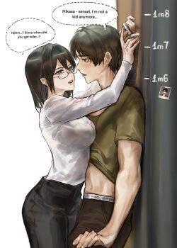Rule 34 | 1boy, 1girl, alternate universe, arms around neck, black hair, black pants, blush, breasts, brown hair, chalk, clothes lift, cowboy shot, english text, eren yeager, glasses, green eyes, green shirt, grey eyes, hair between eyes, height growth, hetero, highres, holding, holding chalk, levi (shingeki no kyojin), male underwear, matcha 202, medium breasts, medium hair, midriff, mikasa ackerman, pants, parted bangs, parted lips, polaroid photo, shingeki no kyojin, shirt, shirt lift, short hair, short sleeves, t-shirt, teacher and student, underwear, white shirt