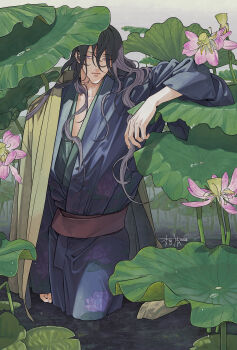 1boy absurdres apron arm_at_side arm_rest black_hair black_kimono collarbone cowboy_shot expressionless floral_print floral_print_kimono flower hair_between_eyes haori highres jacket jacket_on_shoulders japanese_clothes kimono lips long_hair long_hair_between_eyes long_sleeves looking_at_viewer lotus lotus_leaf lotus_print male_focus narrow_waist original print_kimono purple_eyes red_sash rone_(ia311) sash solo standing wading waist_apron waist_sash water water_drop wavy_hair wet wet_hair white_background wilted_flower yellow_jacket