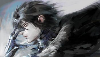 1boy absurdres black_hair cape character_request choujin_x closed_mouth from_side hand_on_own_face hashtag-only_commentary highres kyezzzz lips male_focus nose short_hair solo