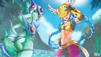 2girls ass breasts butt_crack digimon digimon_(creature) falcon_(burbdoodles) fins frog_girl head_fins helmet minervamon monster_girl multiple_girls ranamon tongue tongue_out
