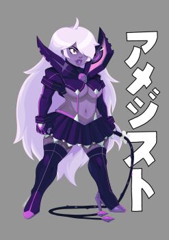 1girl alternate_costume amethyst_(steven_universe) breasts chest_jewel colored_skin cosplay gem gem_(steven_universe) hair_over_one_eye highres kill_la_kill large_breasts long_hair matoi_ryuuko matoi_ryuuko_(cosplay) purple_gemstone purple_skin senketsu smile solo steven_universe tovio_rogers white_hair
