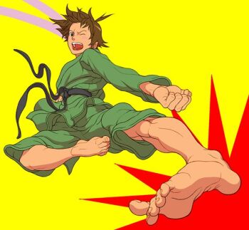 Rule 34 | 1girl, androgynous, barefoot, brown hair, capcom, dougi, feet, female focus, foot focus, kicking, makoto (street fighter), one eye closed, punching, reverse trap, short hair, soles, solo, street fighter, street fighter iii (series), toes, tomboy, wink, yamamiya hiroshi