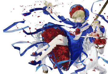 1girl absurdres alice_margatroid alternate_costume blonde_hair blue_bonnet blue_bow blue_bowtie blue_dress blue_eyes blue_ribbon blue_shoes blueberry bonnet bow bowtie buttons cake cake_slice carousel collar colored_eyelashes commentary_request cream doll dress drill_hair flag flower flower_in_clothes flower_over_eye food footwear_flower fork frilled_collar frilled_dress frills fruit gloves hair_flower hair_ornament headscarf highres holding holding_fork holding_plate juliet_sleeves long_hair long_sleeves medium_hair pantyhose peony_(flower) plate puffy_sleeves red_flower red_petals ribbon shoes sitting solo strawberry stretching touhou white_background white_gloves white_headscarf white_horse white_pantyhose yinyong_yu