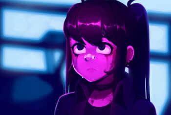 1girl artist_self-insert bandaid bandaid_on_face bandaid_on_nose black_hair blade_runner_(series) blade_runner_2049 blurry choker commentary depth_of_field earrings eyebrows_hidden_by_hair frown goslingposting_(meme) highres jacket jewelry makeup meme mishythesheep multiple_earrings original parody portrait runny_makeup solo twintails you_look_lonely_(meme)