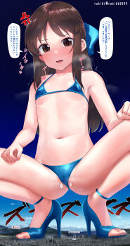 1girl absurdres anger_vein artist_name bikini blue_background blue_bikini blue_bow blush bow brown_eyes brown_hair cameltoe city collarbone covered_erect_nipples day feet flat_chest full_body giant giantess hair_bow high_heels highres idolmaster idolmaster_cinderella_girls loli long_hair micro_bikini navel open_mouth outdoors partially_visible_vulva rakia_(ds00309) sidelocks solo sound_effects speech_bubble squatting stiletto_heels stomach strappy_heels swimsuit tachibana_arisu toenails toes twitter_username wavy_mouth