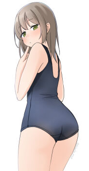 1girl ass blue_one-piece_swimsuit cowboy_shot from_behind green_eyes grey_hair long_hair looking_at_viewer looking_back one-piece_swimsuit original school_uniform shibacha simple_background solo standing swimsuit white_background