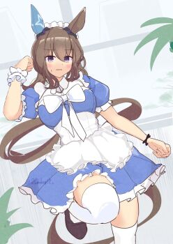 1girl admire_vega_(umamusume) animal_ears apron blue_dress blush bow bracelet breasts brown_hair dress ear_covers ear_ornament hair_between_eyes highres hinokey_(hinokey0126) horse_ears horse_girl horse_tail jewelry long_hair looking_at_viewer low_ponytail maid maid_apron medium_breasts open_mouth ponytail purple_eyes shoes short_sleeves single_ear_cover single_wrist_cuff solo sweatdrop tail thighhighs umamusume white_apron white_bow white_headdress white_thighhighs wrist_cuffs