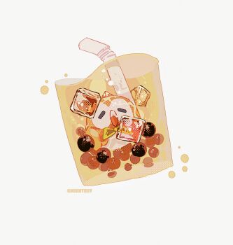 artist_name beak bird bow bowtie bubble_tea closed_eyes commentary drink drinking_straw facing_viewer film_grain gen_7_pokemon green_bow green_bowtie halftone highres hightguy ice ice_cube nintendo no_humans owl pokemon pokemon_(creature) rowlet simple_background solo submerged symbol-only_commentary white_background