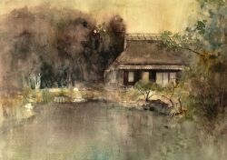 Rule 34 | brown background, building, forest, highres, house, mouen tw, nature, no humans, original, painting (medium), plant, pond, rock, scenery, traditional media, tree, water, watercolor (medium)