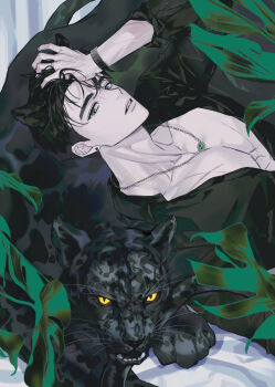 animal_ears arm_up black_hair black_panther black_shirt bracelet cat_ears commentary green_eyes hamin_(plave) hand_in_own_hair highres jewelry k-pop kemonomimi_mode korean_commentary looking_at_viewer male_focus necklace open_clothes open_shirt panther parted_lips plant plave rjduf666 shirt short_hair upper_body