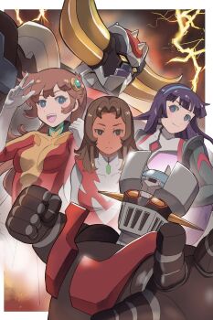 3girls absurdres blue_eyes bodysuit breasts brown_eyes brown_hair dark-skinned_female dark_skin gloves grendizer_(grendizer_u) grendizer_u hairband highres horns k_katora long_hair makiba_hikaru maria_grace_fleed mazinger_(series) mazinger_z_(mecha) mecha multiple_girls open_mouth pilot pilot_suit pilot_uniform purple_hair robot science_fiction smile super_robot ufo_robo_grendizer yellow_eyes yumi_sayaka