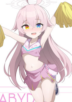 1girl 3kan_noka absurdres ahoge alternate_costume armpits arms_up blue_archive blue_eyes cheering cheerleader commentary_request cropped_shirt dot_nose fang foot_out_of_frame hair_between_eyes halo heterochromia highres holding holding_pom_poms hoshino_(blue_archive) long_bangs long_hair looking_at_viewer miniskirt navel open_mouth outstretched_arms panties panty_peek pantyshot pink_hair pink_skirt pleated_skirt pom_pom_(cheerleading) pom_poms print_shirt shirt shoes skin_fang skirt sleeveless sleeveless_shirt sneakers solo spread_arms stomach straight_hair two-tone_shirt underwear very_long_hair white_background white_halo white_panties yellow_eyes