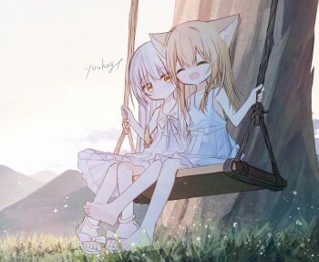 2girls :d ^_^ animal_ear_fluff animal_ears bare_arms bare_shoulders barefoot blonde_hair braid brown_eyes closed_eyes closed_mouth collarbone commentary dress grass grey_hair hand_up long_hair mountain multiple_girls on_swing open_mouth original outdoors pleated_dress sandals signature sky sleeveless sleeveless_dress smile soles swing symbol-only_commentary tail tree very_long_hair waka_(yuuhagi_(amaretto-no-natsu)) white_dress white_footwear yuuhagi_(amaretto-no-natsu)