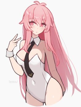 1girl 7evvw breasts indie_virtual_youtuber leotard long_sleeves medium_breasts mumble_(shachimu) navel pink_eyes pink_hair playboy_bunny solo solo_focus virtual_youtuber