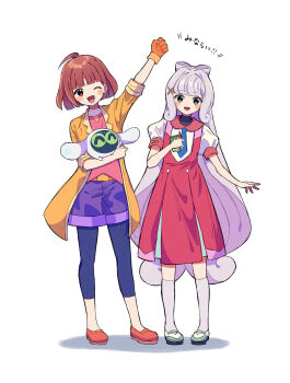 2girls ^_^ ahoge arm_up atari_(puyopuyo) belt blue_leggings blue_necktie bow brown_hair clenched_hand closed_eyes coat commentary dress full_body gloves green_eyes green_shoes hair_bow highres holding holding_notepad holding_pen kaxxxxx_324 kneehighs leggings long_hair looking_at_viewer multiple_girls necktie nib_pen_(object) non-humanoid_robot notepad one_eye_closed open_clothes open_coat open_mouth orange_belt orange_coat orange_gloves pen pinafore_dress puffy_short_sleeves puffy_sleeves purple_bow purple_hair purple_shorts puubot_(puyopuyo) puyopuyo puyopuyo_quest red_dress red_eyes red_shirt red_shoes robot shadow shirt shoes short_hair short_sleeves shorts simple_background single_glove sleeveless sleeveless_dress sleeves_rolled_up smile socks standing symbol-only_commentary towa_(puyopuyo) translated very_long_hair white_background white_shirt white_socks