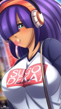 absurdres android artist_logo bag blunt_bangs breasts casual chewing chewing_gum cityscape clothes_writing dark-skinned_female dark_skin denim denim_skirt from_below green_eyes hair_over_eyes hair_over_one_eye handbag headgear headset high_ponytail highres hime_cut impossible_clothes impossible_shirt large_breasts layer_(mega_man) logo long_hair looking_at_viewer mega_man_(series) mega_man_x_(series) mole mole_under_eye open_mouth ponytail purple_hair raglan_sleeves rob_(robarts) robot robot_ears robot_girl romaji_text shirt skirt sugoi_dekai upper_body